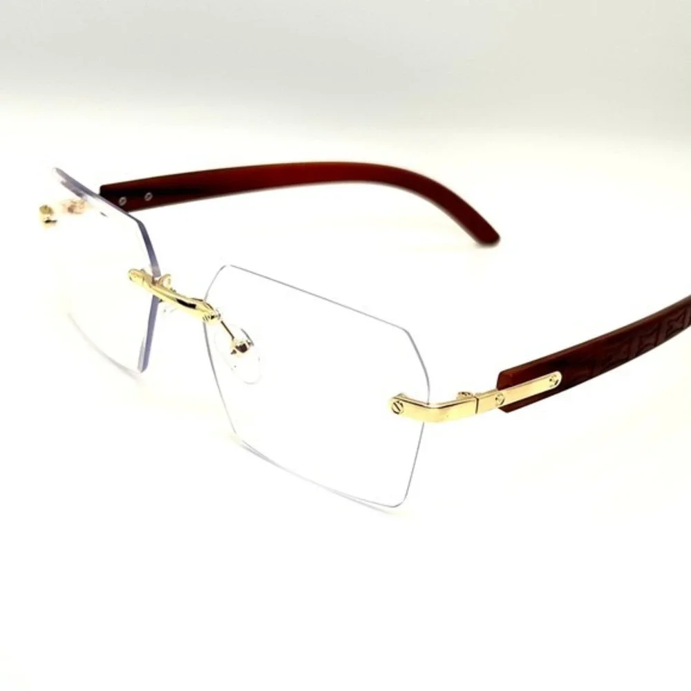 Women Fashion Rimless Sunglasses Rectangle Clear Lens Gold Classy Eyewear Lentes